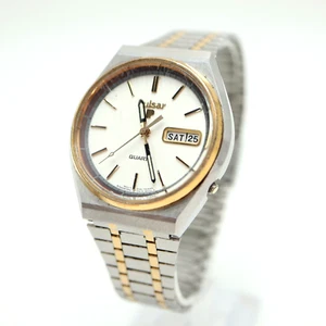Vintage Pulsar Mens Watch 35mm Gold Tone White Day Date Y513-6059 w New Battery - Picture 1 of 22