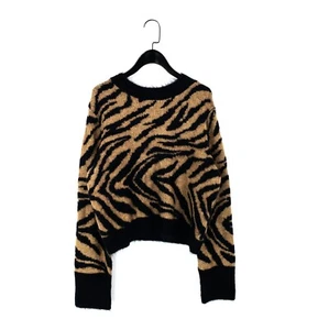 H&M Black Tan Brown Animal Print Fluffy Chunky Knit Boxy Fit Jumper - Size XS - Picture 1 of 12