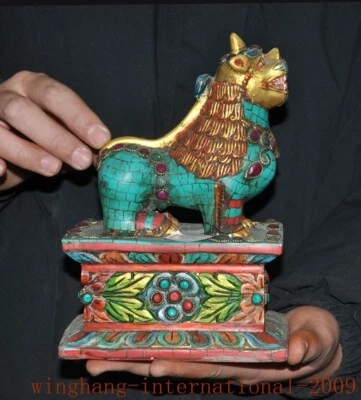 8" Budismo Tibetano Incrustación de Cobre Turquesa Gema Fu Foo Perro León Bestia Estatua Foto 1 de 4