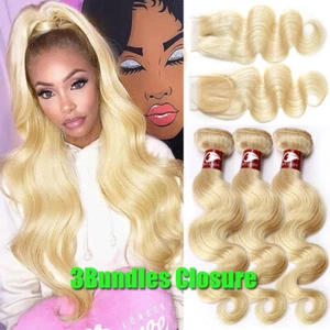 Amazing Blonde 3Bundles with Frontal Closure Brazilian Virgin Human Hair Weaves - Picture 1 of 24