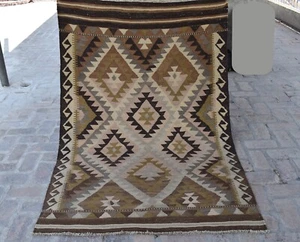 1960s Antique Afghan Maimana Kilim Rug 4x6 Brown Geometric Persian Wool Area Rug - Picture 1 of 11