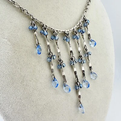 Vintage Style Fringe Light Blue Bead Pretty Silver Tone Fashion 19” Necklace - Image 1 of 4