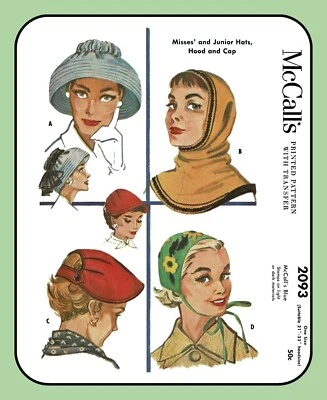 Ladies HOOD Pattern Cap SUNHAT Hat Sizes 21½-23" McCall's 2093 Vtg 1956 Sewing - Image 1 of 4