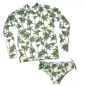 2 PIECES Girls Rash Guard Set Swimsuit Palm Tree White Toddler and Kid UFP 50+ - Picture 1 of 10