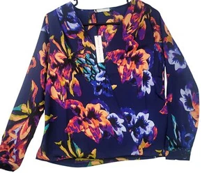 Three Eighty Two XS Navy Floral Long Sleeve Faux Wrap Blouse Vibrant Multicolor - Picture 1 of 9