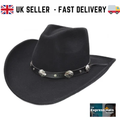 Black 100% Wool Felt Cowboy Hat with buckle band (Major Wear) fast UK post