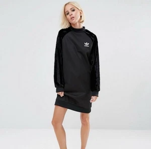 Adidas Originals Black Velvet Velour Sleeve Sweatshirt Dress Size L Sporty Retro - Picture 1 of 10