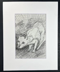 Vtg Folk Art Pencil Drawing Of Cat 10x8” Sketch Joseph Deni - Picture 1 of 11