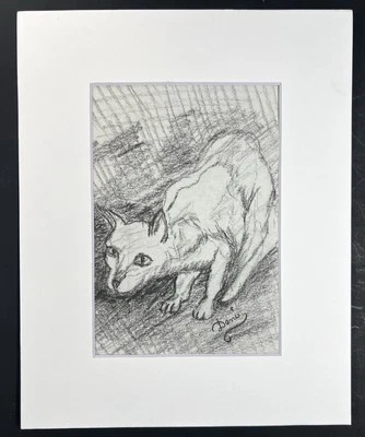 Винтажный эскиз кошки карандаш народное искусство 10x8 дюймов Joseph Deni - Изображение 1 из 4