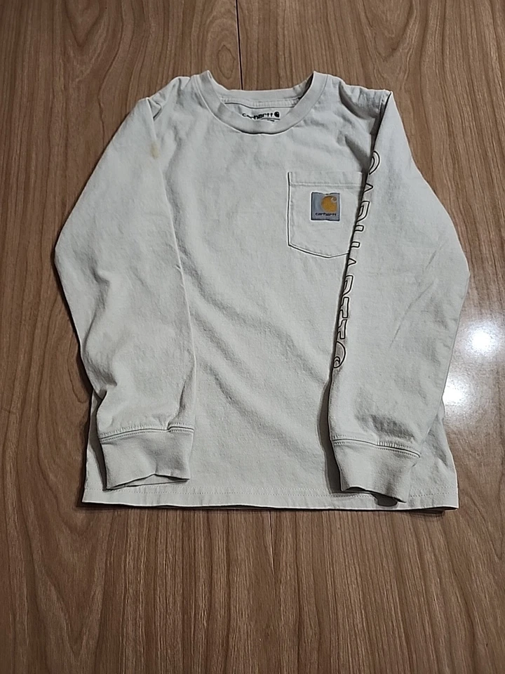 Carhartt Kids Shirt, 100% Cotton, Long Sleeve, Whote, Size 7 - Image 1 of 4