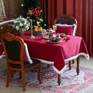 Christmas Tablecloth Red Micro Fleece Fabric with Faux Fox Wool Edge Decorati... - Picture 1 of 7