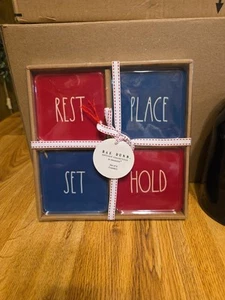  Rae Dunn Set 4 Posavasos Cerámicos Rojo Blanco Azul  - Imagen 1 de 10