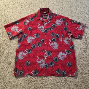 Extreme Gear Hemd Herren Large rot schwarz Drache Blumen Hawaii Knopfleiste Aloha - Bild 1 von 7
