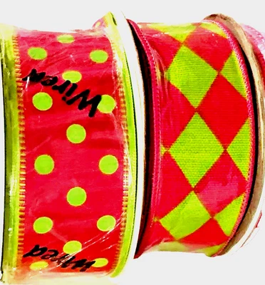 Red Lime Wired Ribbon Bundle 1.5" by 4 yd each (8 yd) Harlequin Christmas Dots - Image 1 of 3