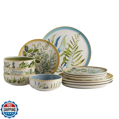 Juego de vajilla de cerámica Corona 12 piezas inspirada en el bosque botánico natural | Plat Foto 1 de 4