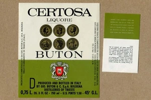 BOTÓN CERTOSA ITALY, LICOR. ETIQUETAS DE EXPORTACIÓN VINTAGE DELANTERAS Y TRASERAS EE. UU. - Imagen 1 de 1