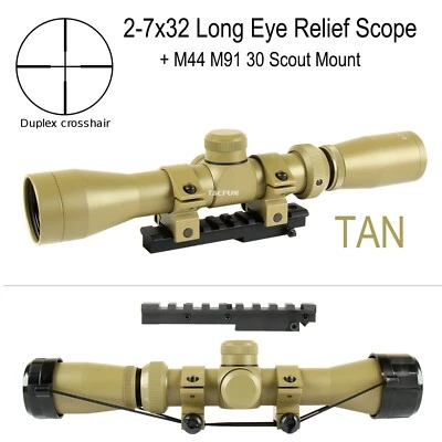 TACFUN Mosin Nagant 2-7x32 Long Eye Relief Scope + M44 M91 30 Scout Mount - TAN - Image 1 of 4