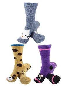 Women's Fuzzy Cozy Warm Cute Animal Home Bed Cabin Socks - 3 Pair (Asst 16) - Picture 1 of 1