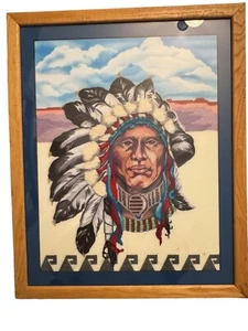 Vintage Framed Matted Cross Stitch Native American Indian Chief Wall Art - Picture 1 of 5