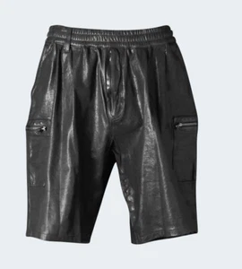 Men's Lamb Leather Shorts Elasticated Waist & Zipped Pockets Shorts In 5 Colors - Picture 1 of 5