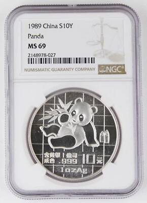 China 1989 1 Oz 999 Silver Panda 10 Yuan Coin NGC MS69 GEM BU+ - Image 1 of 4