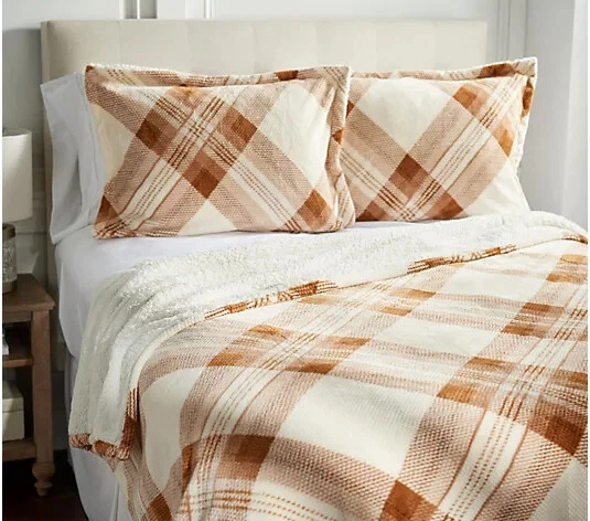 Berkshire Plaid Velvet Soft Bonded Dobby Coverlet Set w/ 2 Shams - King Chestnut - Image 1 of 1