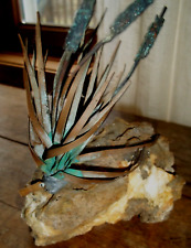 VINTAGE COPPER CATTAILS ON ROCK BASE - SIGNED MAB 77 - GREAT PATINA