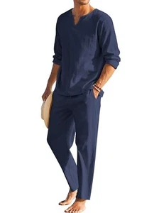 Men's 2 Pieces Cotton Linen Set Henley Shirt Long Sleeve and Casual Beach Pan... - Picture 1 of 9