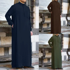 US STOCK Men's Muslim Long Sleeve Abaya Dubai Thobe Islamic Jubba Kaftan Dress - Picture 1 of 15