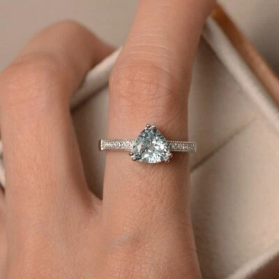 2.15 Ct Trilliant Real Aquamarine & Diamond Engagement Ring 14K Solid White Gold - Image 1 of 4