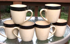 Crate and Barrel SCAVO Coffee Mugs Set of 6 Brown Beige Textured Rim NICE - Picture 1 of 5