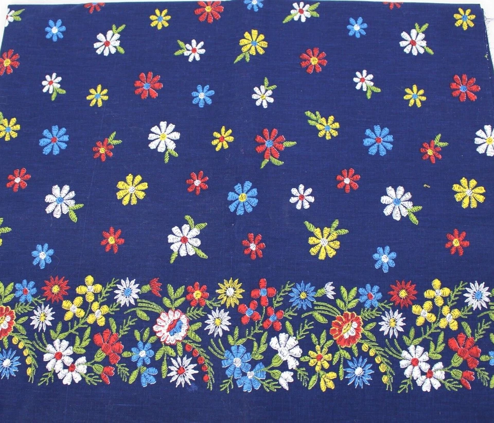 Vintage Fabric Retro Blue Yellow White Flower Power 1970s 2+ Yards Upholstery - Image 1 of 2