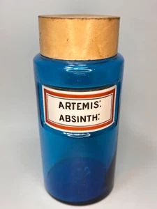 19c.Antik Apotheker Apotheke Kobaltblau Glasgefäß Absinth Latein Etikett Schild - Bild 1 von 8