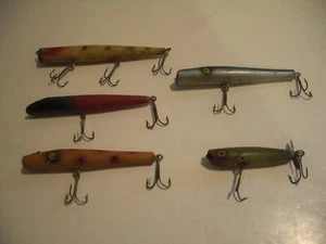 LOT 5 Vintage Wooden Fishing Lures 1950 St Pete FL Dalton Special/Pencil Poppers - Picture 1 of 21