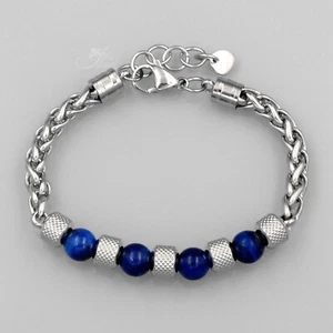 Men Blue Tiger's-eye Stainless Steel Chain Bangle Bracelet 20155 - Picture 1 of 5