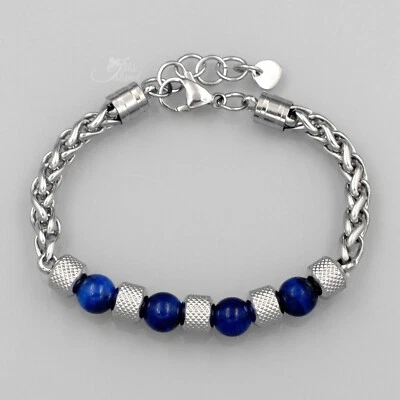 Men Blue Tiger's-eye Stainless Steel Chain Bangle Bracelet 20155 - Image 1 of 4