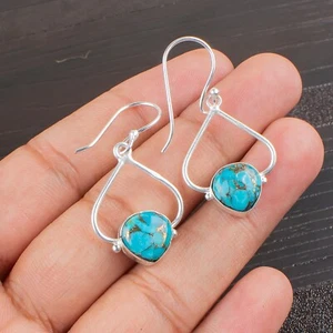 Blue Copper Turquoise stone Dangle Earrings 925 Sterling Silver Handmade Jewelry - Picture 1 of 5