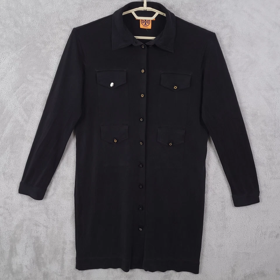 Платье Tory Burch на пуговицах 100% шелк черное размер XL карманы с длинным рукавом с воротником - Изображение 1 из 4