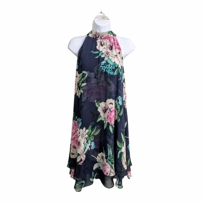 Vestido Eliza J Floral Chifón Columpio Trapecio Cambio Halter Capas Azul Marino Formal 6 Foto 1 de 4