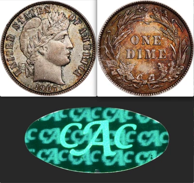 1907 MS65 CAC 🔴 Looks MS66 ✅ Non-Doctored; Lustrous; Sharp Struck ✅ Barber Dime - Image 1 of 4