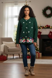 Cardigan maglione natalizio vintage testa rossa per lei taglia S fiocchi di neve pupazzi di neve brutto - Foto 1 di 6