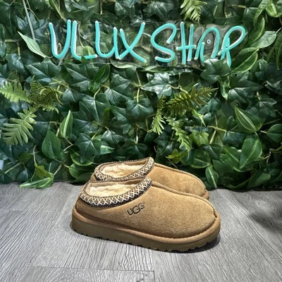 Ugg Slippers Kids 1 Black Suede Braided Collar Cozy Warm Lined Tasman Slip On - Image 1 of 4