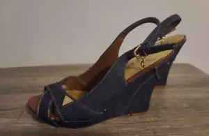 Guess Denim Blue Open Toe Wedge Heels Size 7.5M With Ankle Straps - Picture 1 of 8