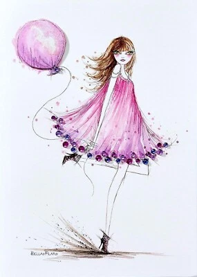 Tarjeta de felicitación de cumpleaños globo púrpura vestido con joyas niña papiro Bella Pilar Foto 1 de 4