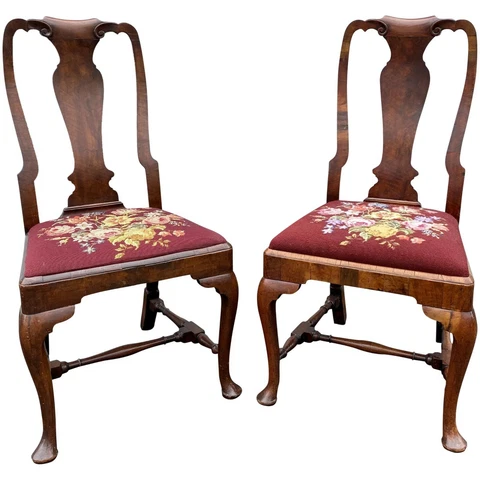 Pair of 18th c Walnut Queen Anne Side Chairs with Foliate Needlepoint Seats Cover