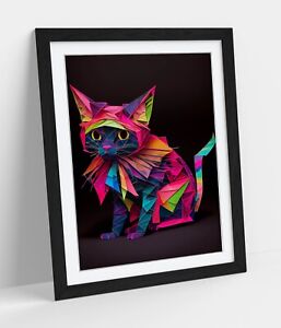 ORIGAMI STYLE MULTI COLOUR CAT BEDROOM HOME DECO FRAMED ART POSTER PRINT 4 SIZES