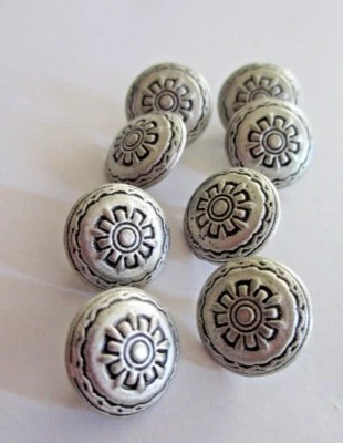 5/8"  Antiqued Silver Tone Stamped Flower Dome Buttons - 8 pieces - Image 1 of 4
