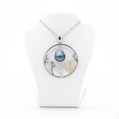 Stainless Steel Tri Color Hawaiian Coral Outline w/Freshwater Pearl Necklace - Image 1 of 2