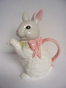 Osterhase rosa Band Teekanne Pastell Kaninchen handbemalt - Bild 1 von 5