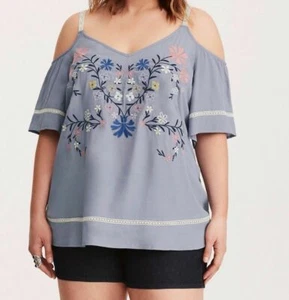 Torrid 2 Blouse 2X Cold Shoulder Embroidered Lace Floral Inset Top Blue New! - Picture 1 of 5
